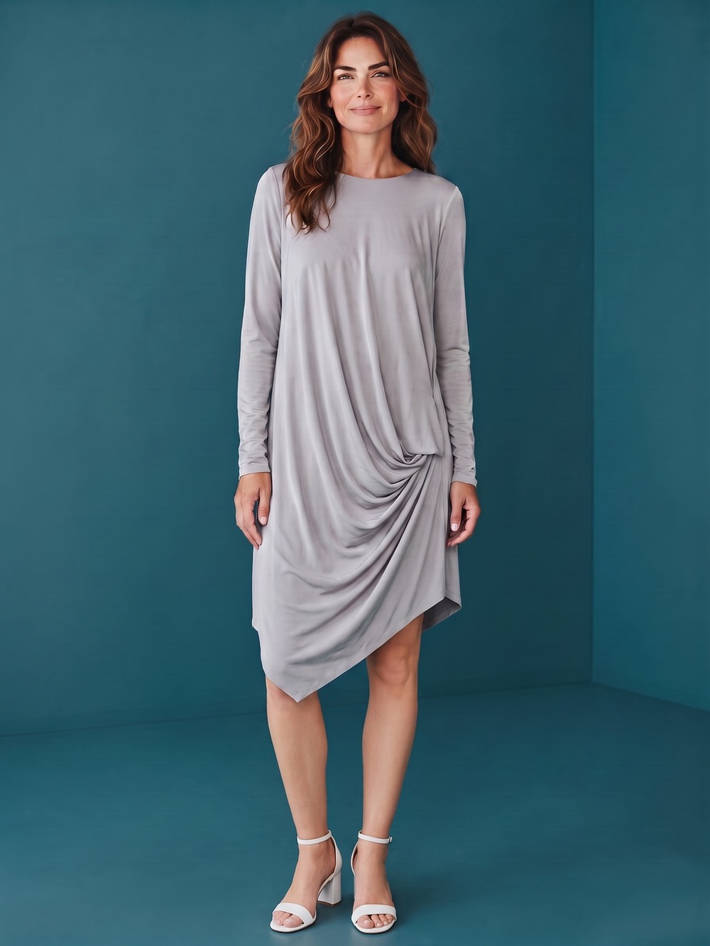 silence + noise Gray Xander Slinky Draped Asymmetric Long-Sleeve Dress Size L